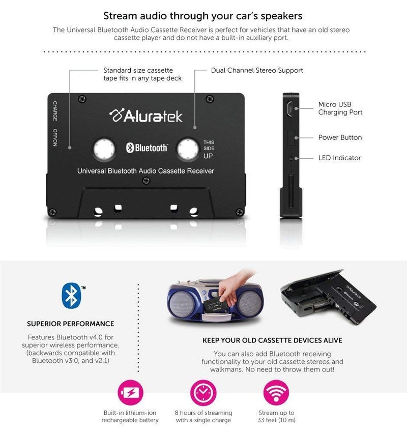 Aluratek Universal Bluetooth Audio Cassette Receiver, Built-in Rechargeable Battery, Up to 8 Hours Playtime, Audio Receiving up to 33 Feet, ABCT01F - Image 3