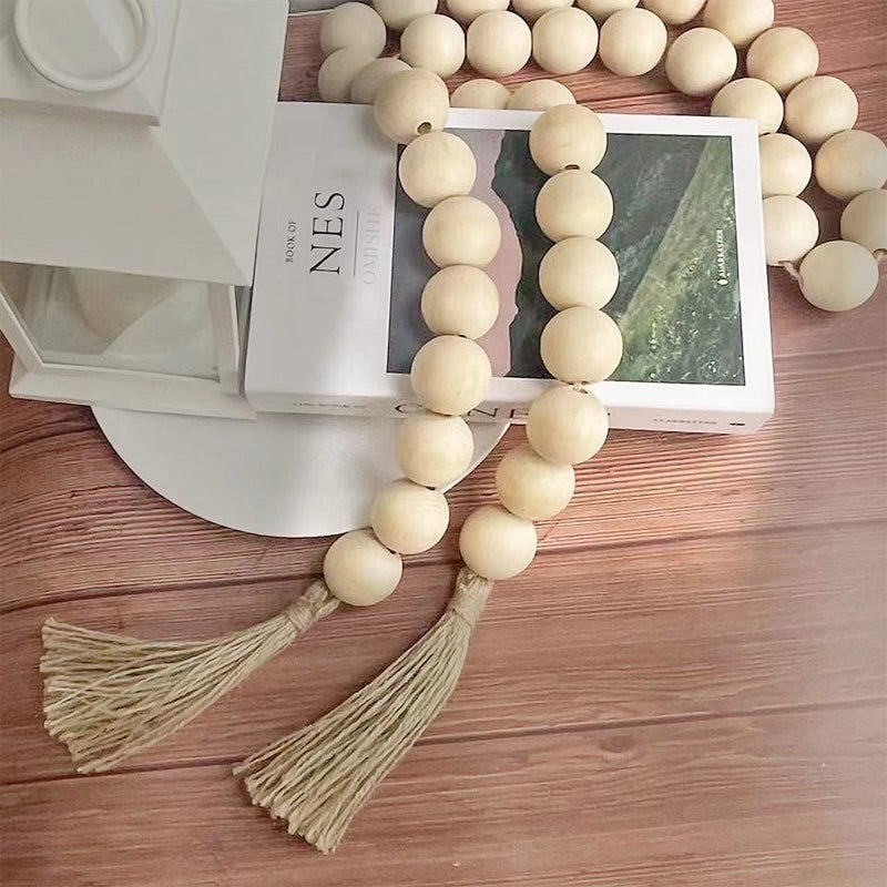 Omishe 76"" Long Large Wood Bead Garland With 1.6"" Diameter Wooden Beads And Tassels Rustic Farmhouse Country Wood Beads Garland For Home Tiered Tray Decor Decorative Beads With Tassels Natural Beige - Image 3