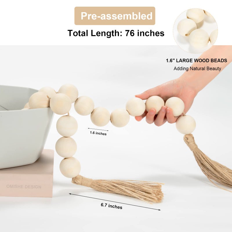 Omishe 76"" Long Large Wood Bead Garland With 1.6"" Diameter Wooden Beads And Tassels Rustic Farmhouse Country Wood Beads Garland For Home Tiered Tray Decor Decorative Beads With Tassels Natural Beige - Image 4