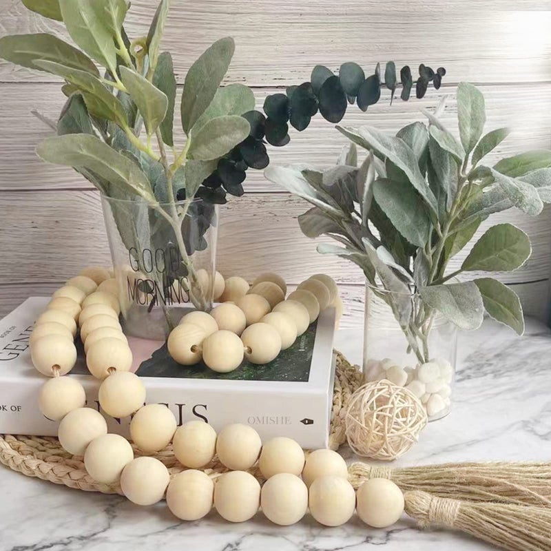 Omishe 76"" Long Large Wood Bead Garland With 1.6"" Diameter Wooden Beads And Tassels Rustic Farmhouse Country Wood Beads Garland For Home Tiered Tray Decor Decorative Beads With Tassels Natural Beige - Image 2