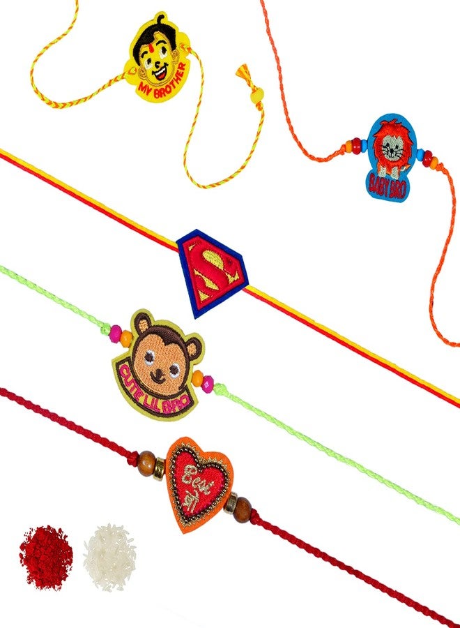 MASQ by Q-One Designer Rakhi Combo Set with Roli Chawal & Moli for Kids (Pack of 5) | Embroidered Handcrafted Raksha Bandhan Bracelet for Brother-Sister - Image 1