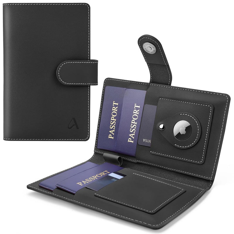 ALLIVE Passport Holder for Travel Family, Genuine Leather Passport Wallet with AirTag Slot, RFID Blocking Travel Document Organizer for Women & Men, Airport Essentials, Family Travel Gift (Black) - Image 1