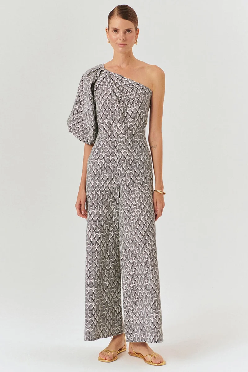 EXQUISE One Shoulder Balloon Sleeve Patterned Cotton Regular Jumpsuit