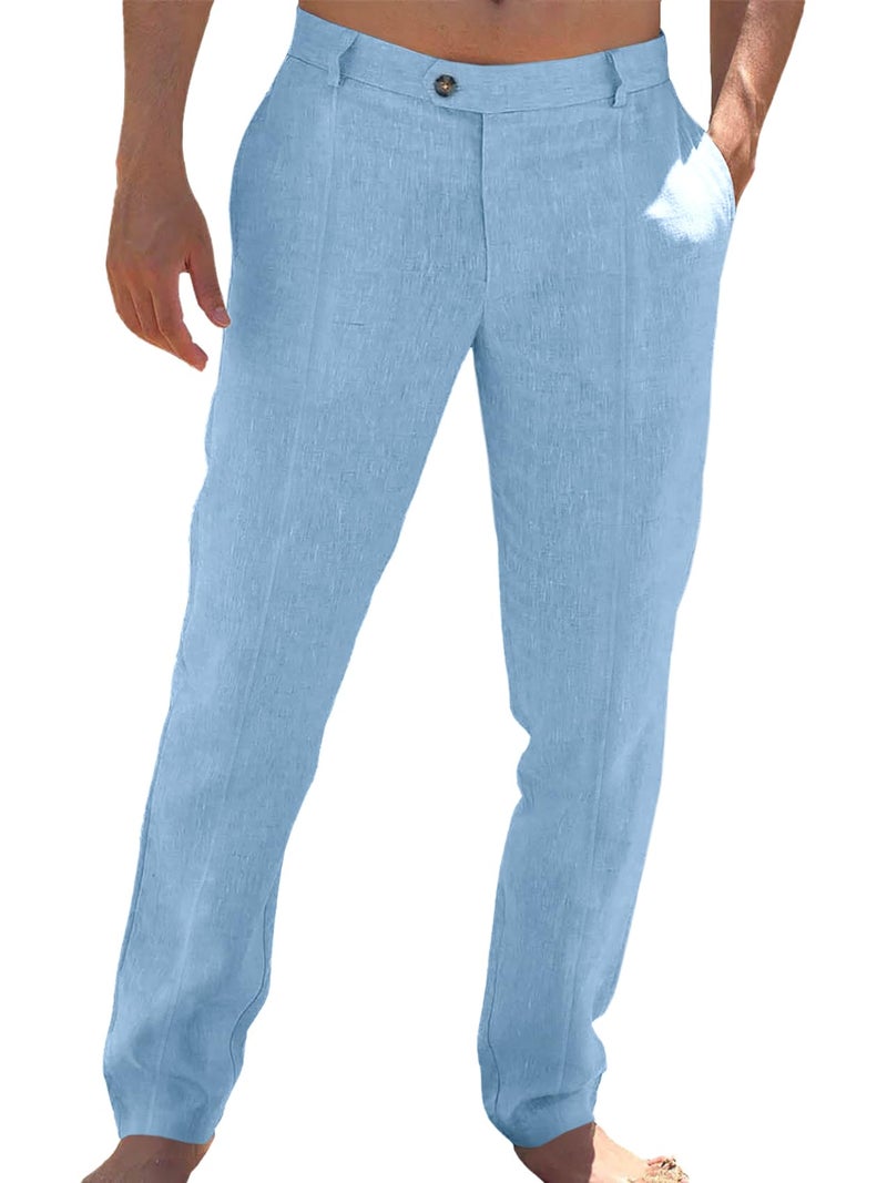 Runcati Mens Casual Pants Elastic Waist Cotton Linen Pants Pleated Loose Fit Lightweight Beach Yoga Trousers Blue - Image 1