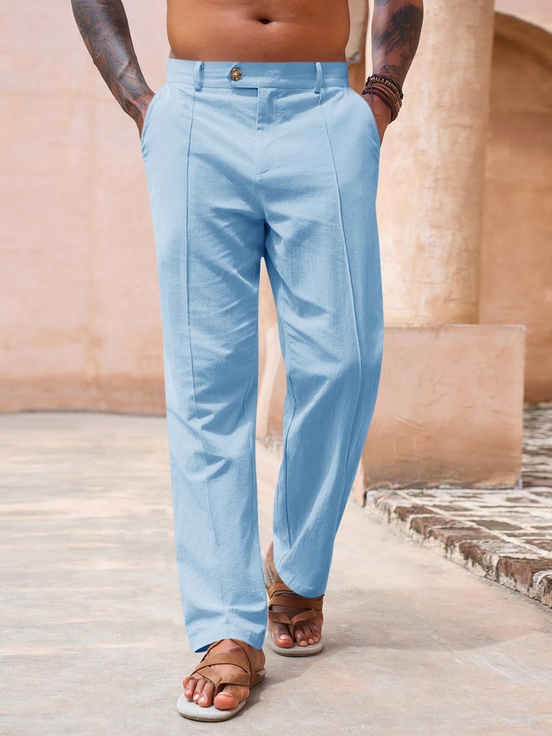 Runcati Mens Casual Pants Elastic Waist Cotton Linen Pants Pleated Loose Fit Lightweight Beach Yoga Trousers Blue - Image 3