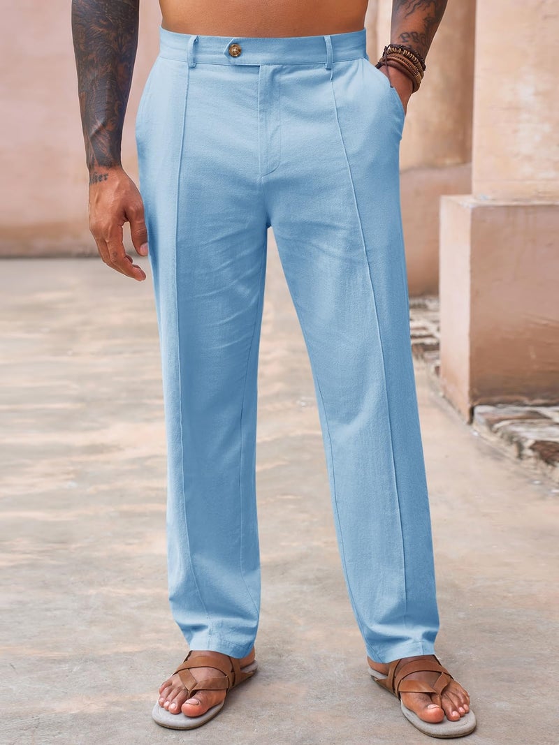 Runcati Mens Casual Pants Elastic Waist Cotton Linen Pants Pleated Loose Fit Lightweight Beach Yoga Trousers Blue - Image 2