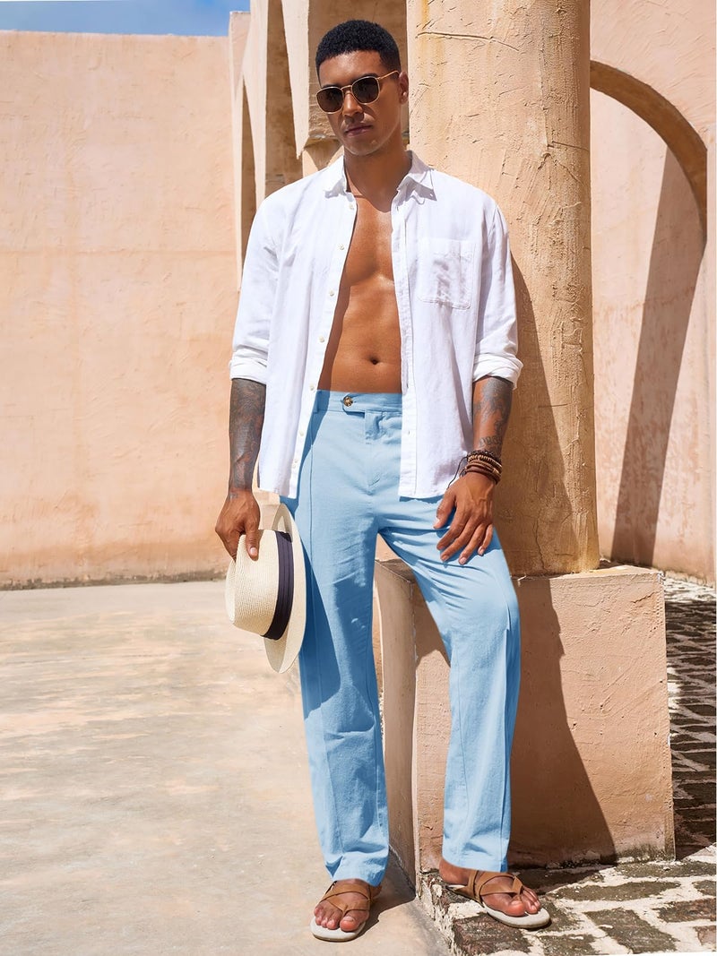 Runcati Mens Casual Pants Elastic Waist Cotton Linen Pants Pleated Loose Fit Lightweight Beach Yoga Trousers Blue - Image 4