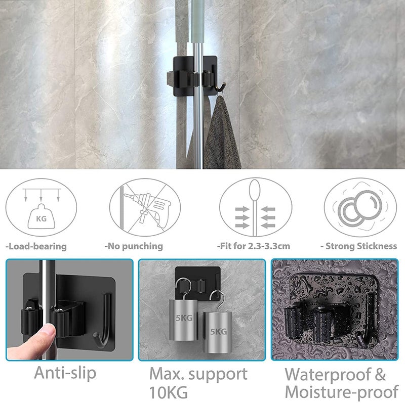 Boniry Adhesive Mop Holder and Broom Holder Wall Mounted Steel | Broom Stick Holder Wall Mounted for Home No Drilling (3, Black) - Image 3
