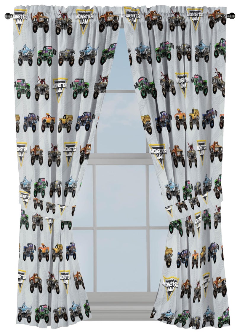 Jay Franco Window Curtains for Kids Bedroom 4-Piece Drape Set with 2 Tiebacks  Grey - Monster Jam  42"" W x 63"" L (Pack of 2) - Image 1