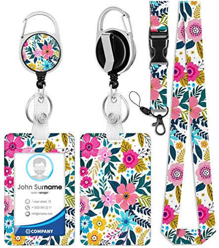 Toykee ID Badge Holder with Lanyard and Retractable Badge Reel Clip, Unique Flowers Pattern Card Name Tag Lanyard Vertical ID Protector Bage Clips for Nurse Nursing Doctor Teacher Student - Image 1
