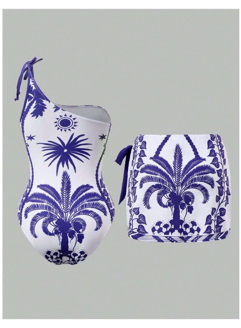 Shein Swim Oasis Women's Blue And White Porcelain Coconut Tree Floral One-Piece Swimsuit With Matching Skirt,Summer Boho Beach Vacation Holiday 2 Pieces Set - Image 2