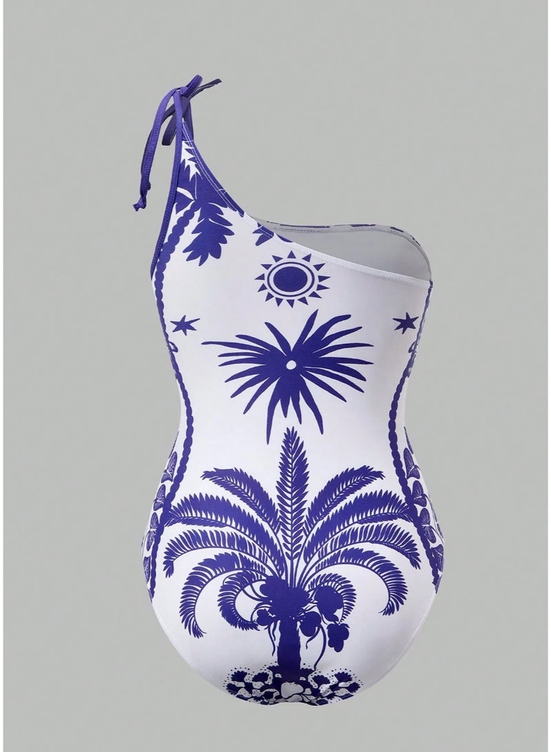 Shein Swim Oasis Women's Blue And White Porcelain Coconut Tree Floral One-Piece Swimsuit With Matching Skirt,Summer Boho Beach Vacation Holiday 2 Pieces Set - Image 5