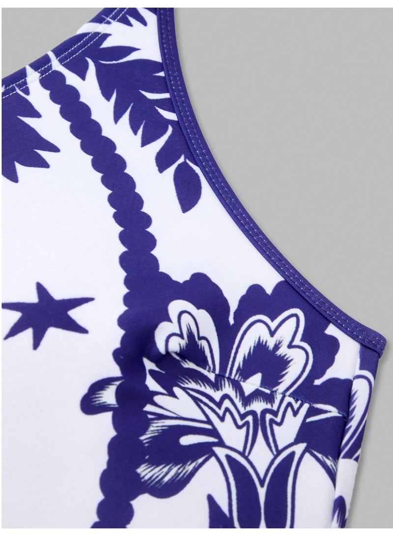 Shein Swim Oasis Women's Blue And White Porcelain Coconut Tree Floral One-Piece Swimsuit With Matching Skirt,Summer Boho Beach Vacation Holiday 2 Pieces Set - Image 3