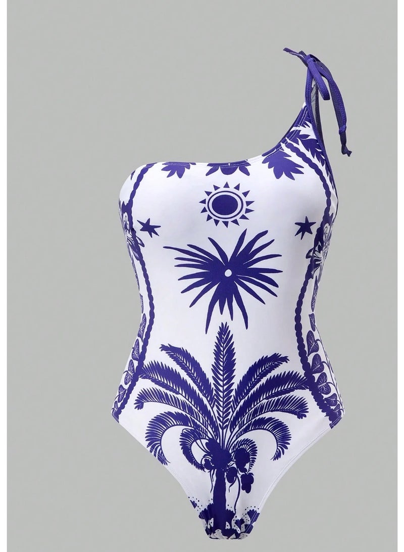Shein Swim Oasis Women's Blue And White Porcelain Coconut Tree Floral One-Piece Swimsuit With Matching Skirt,Summer Boho Beach Vacation Holiday 2 Pieces Set - Image 4