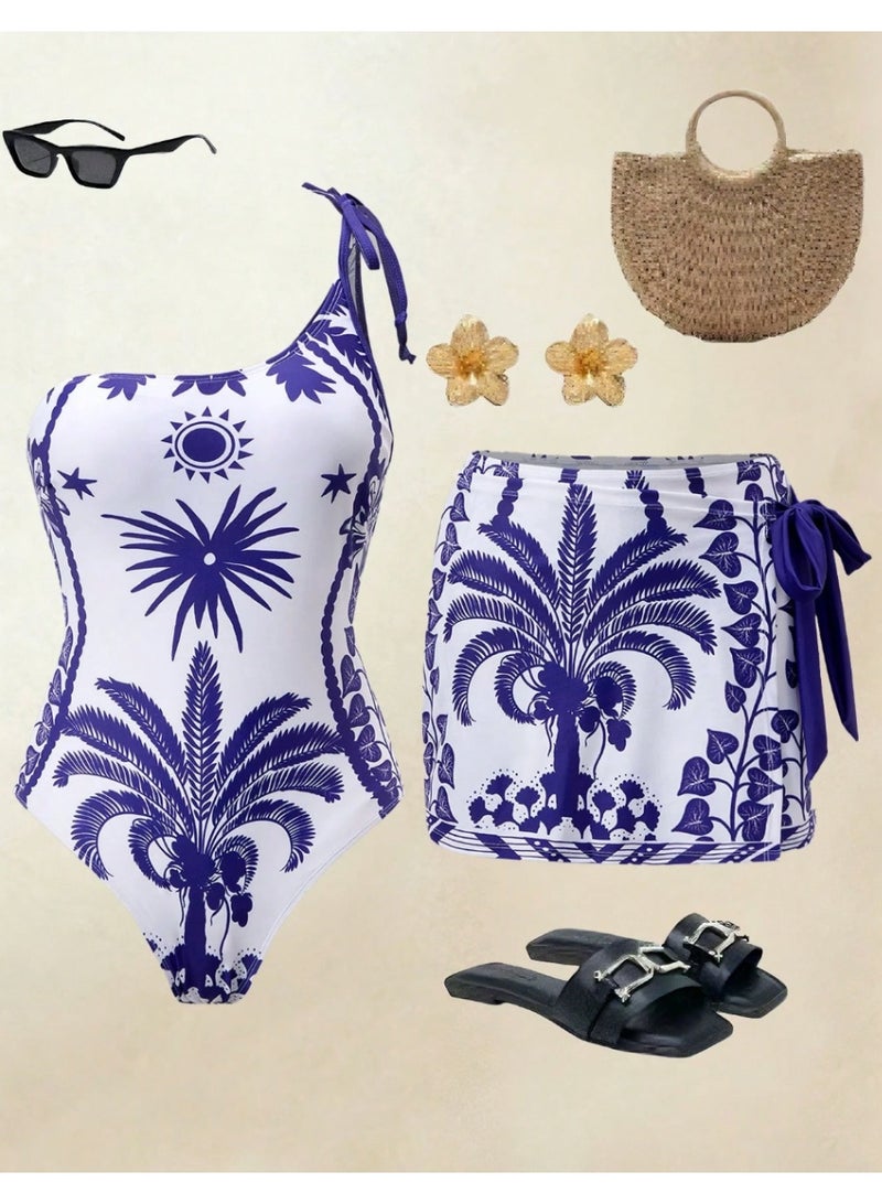 Shein Swim Oasis Women's Blue And White Porcelain Coconut Tree Floral One-Piece Swimsuit With Matching Skirt,Summer Boho Beach Vacation Holiday 2 Pieces Set - Image 1