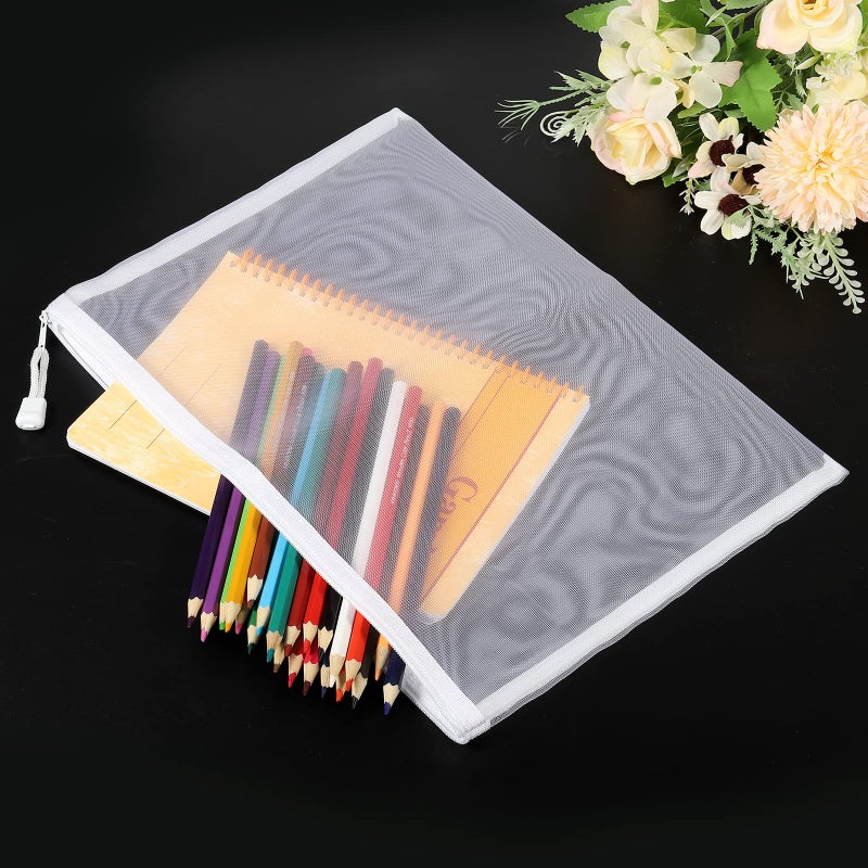 MECCANIXITY Mesh Zipper Bags, A4 Nylon Zip Pouch Pencil Case Storage Pockets for Travel Office Accessories, White Pack of 6, White, A, Travel - Image 5