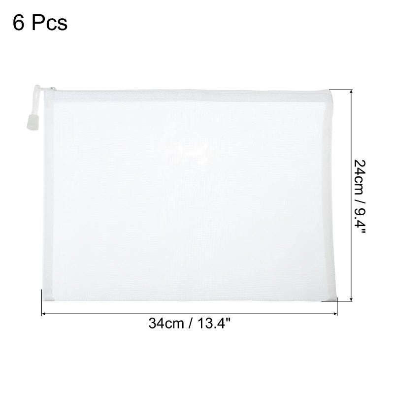 MECCANIXITY Mesh Zipper Bags, A4 Nylon Zip Pouch Pencil Case Storage Pockets for Travel Office Accessories, White Pack of 6, White, A, Travel - Image 2