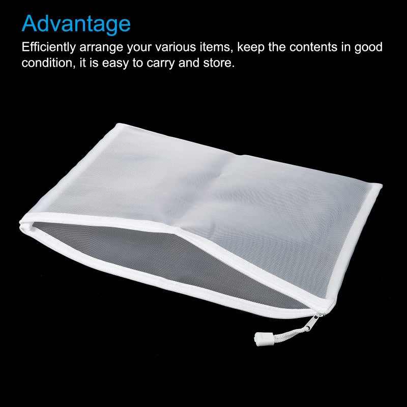 MECCANIXITY Mesh Zipper Bags, A4 Nylon Zip Pouch Pencil Case Storage Pockets for Travel Office Accessories, White Pack of 6, White, A, Travel - Image 3