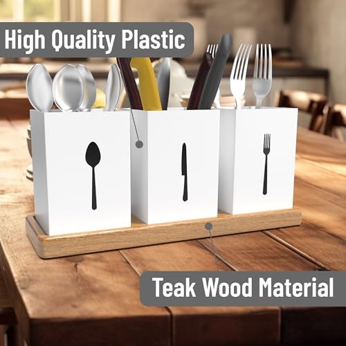 ROSTON Cutlery Holder for dining table with Spoon, Fork and Knife Compartments, Wood Base organizer self draining - Image 3