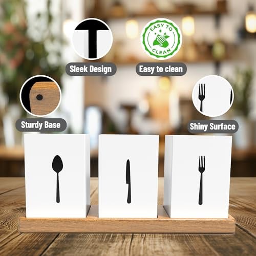 ROSTON Cutlery Holder for dining table with Spoon, Fork and Knife Compartments, Wood Base organizer self draining - Image 2