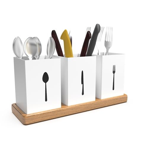 ROSTON Cutlery Holder for dining table with Spoon, Fork and Knife Compartments, Wood Base organizer self draining - Image 1