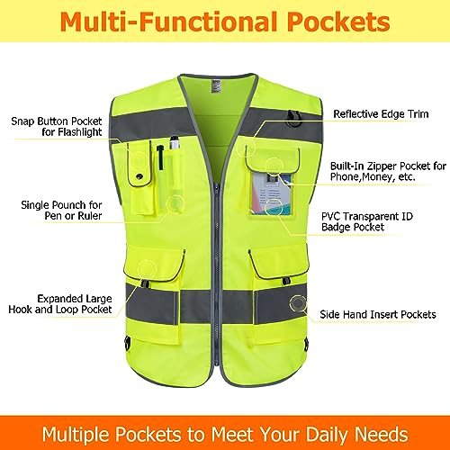 TCCFCCT Safety Vest for Men Women 9 Pockets High Visibility Vest for Safety, Reflective Work Vest with Reflective Strips, Meets ANSI/ISEA Standards, (Yellow, Large) - Image 3