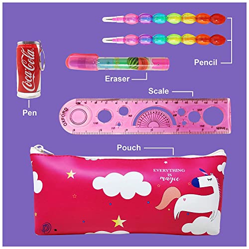 PARTEET Unicorn Combo Pack of Stationery Set - Unicorn Pencil Pouch/Stationery Pouch/Pencil 1 Case with Cane Shape Pen, 2 Stack Pencils,1 Eraser and 1 Scale for Kids (Pack of 5 Items) Assorted Colour - Image 2