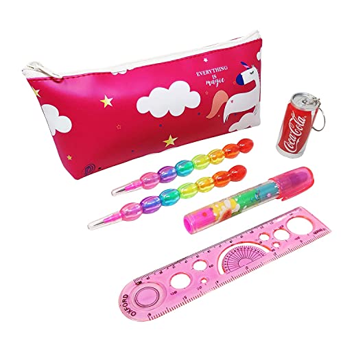 PARTEET Unicorn Combo Pack of Stationery Set - Unicorn Pencil Pouch/Stationery Pouch/Pencil 1 Case with Cane Shape Pen, 2 Stack Pencils,1 Eraser and 1 Scale for Kids (Pack of 5 Items) Assorted Colour - Image 1