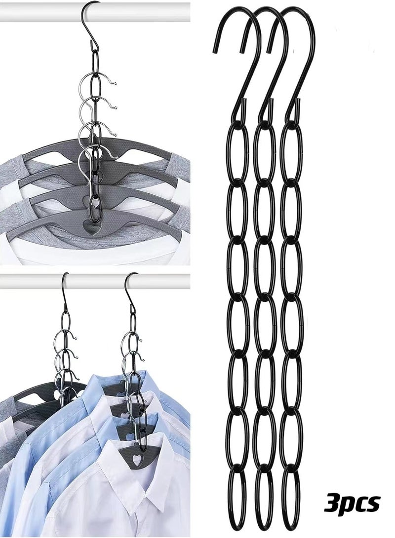 Hangers Space Saving, Metal Chain Clothes Hanger Organizer with 7 Slots, Magic Foldable Multiple Hangers in One, Collapsible Vertical Space Saver Hangers for Closet Organizer (3 Pack) Black  - Image 1