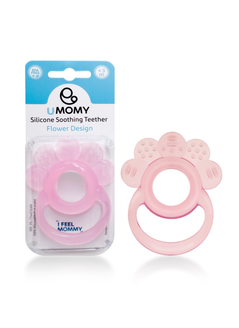 Umomy - Silicone Baby Teether Toy for Infants 3+ Months, Anti-Drop Silicone Baby Mitten Teether for Soothing Teething Pain Relief, Baby Chew Toys for Sucking Needs, BPA Free, Flower Design, Pink - Image 1