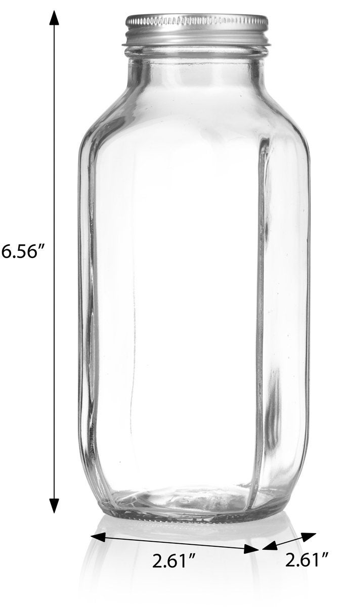 JUVITUS 16 Oz / 480 Ml Clear Thick Plated Glass French Square Empty Bottle Jar With Metal Silver Lid (4 Pack) Perfect For Home, Travel, Juicing, Kombucha - Image 2