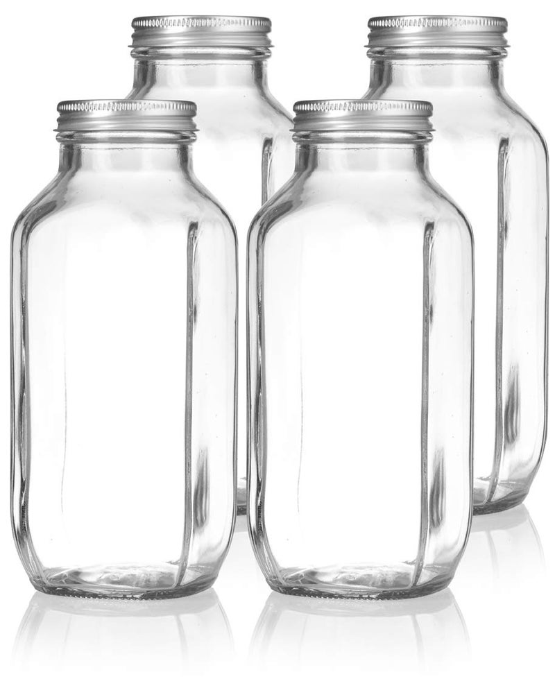 JUVITUS 16 Oz / 480 Ml Clear Thick Plated Glass French Square Empty Bottle Jar With Metal Silver Lid (4 Pack) Perfect For Home, Travel, Juicing, Kombucha - Image 5
