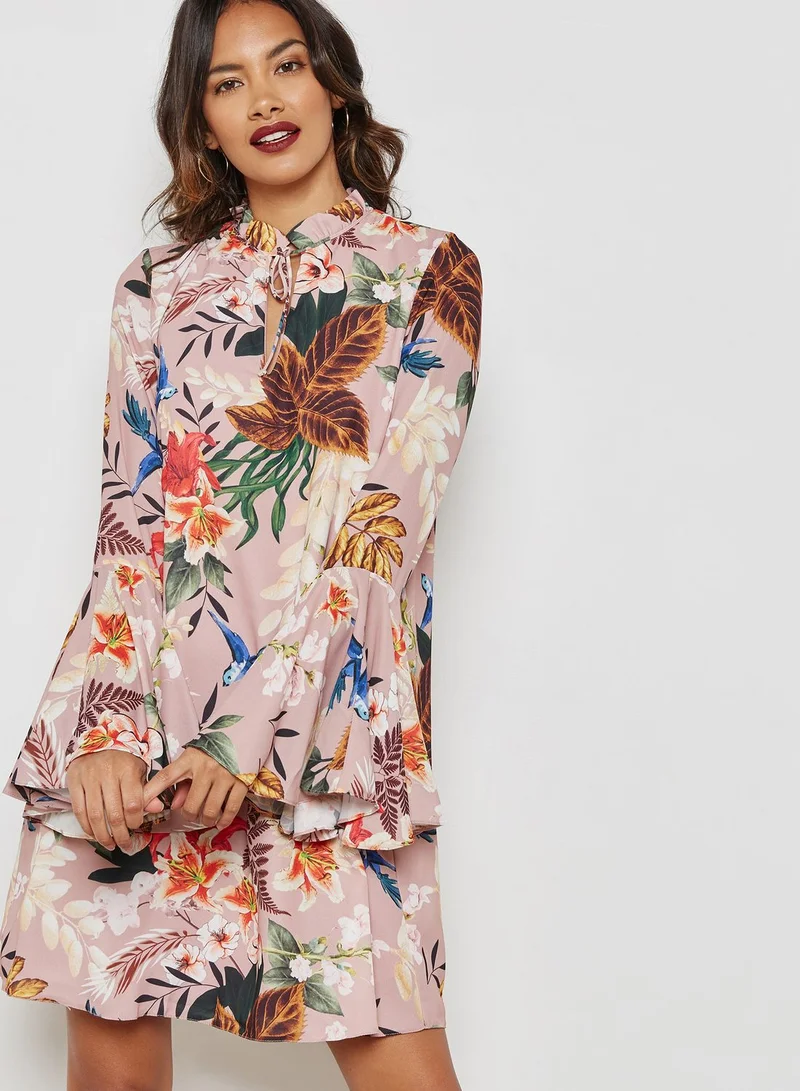 Ginger Floral Print Flute Sleeve Dress