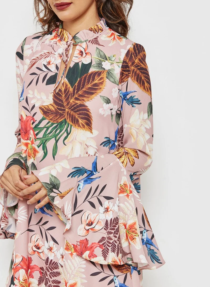 Ginger Floral Print Flute Sleeve Dress
