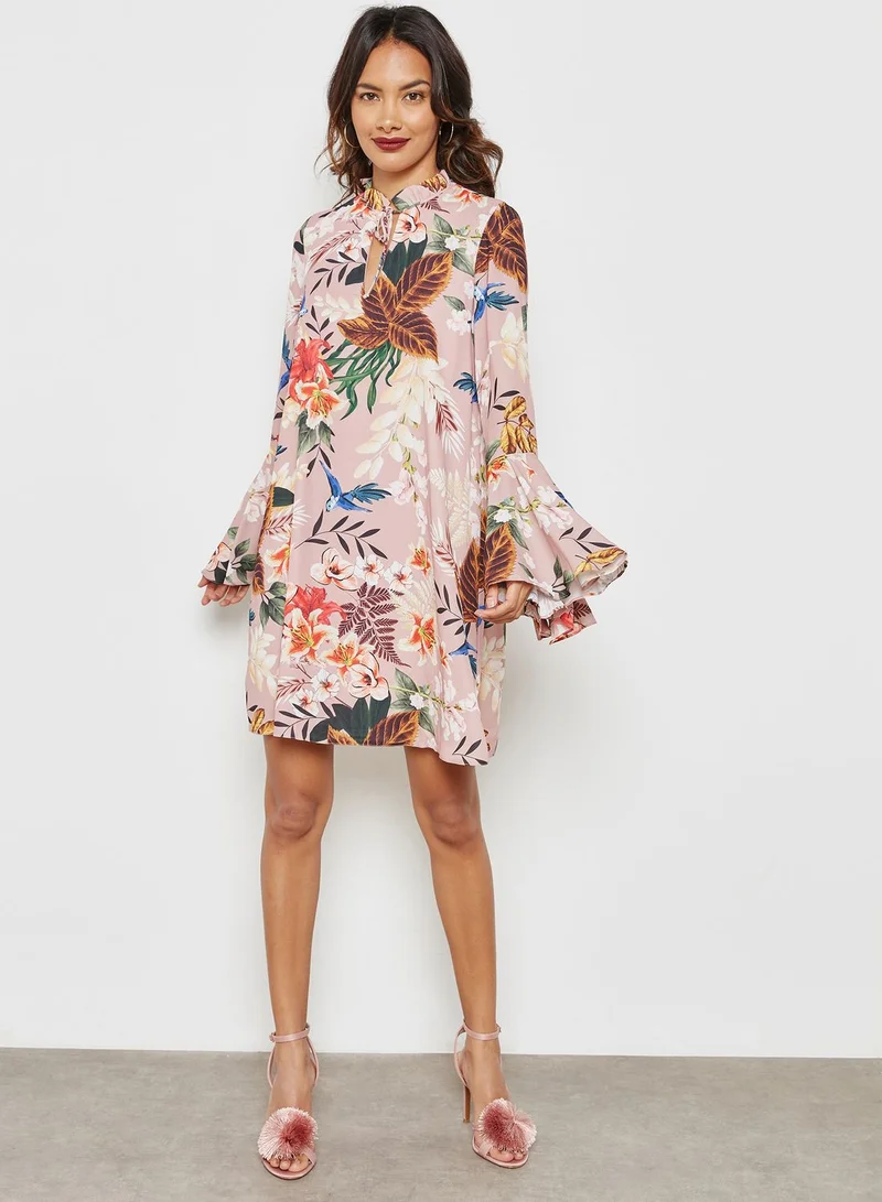 Ginger Floral Print Flute Sleeve Dress