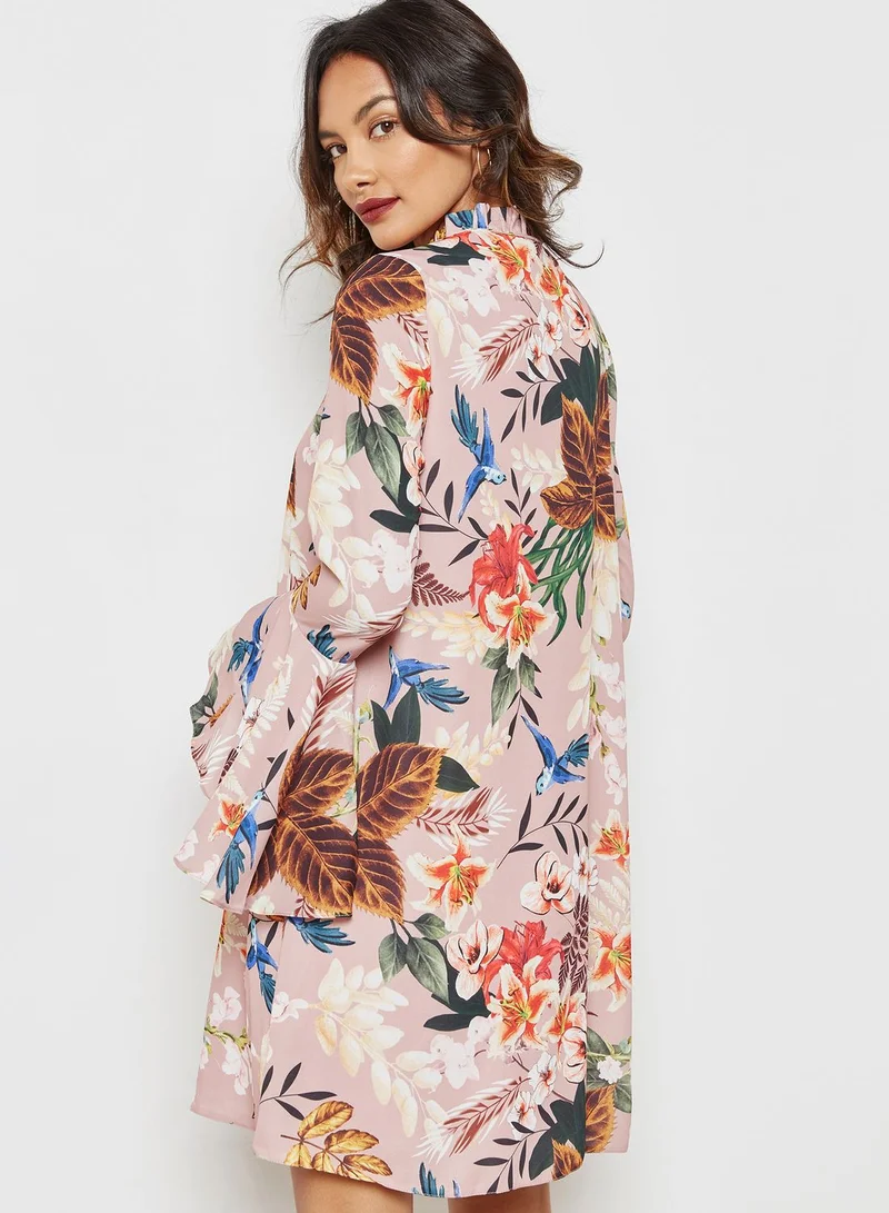 Ginger Floral Print Flute Sleeve Dress