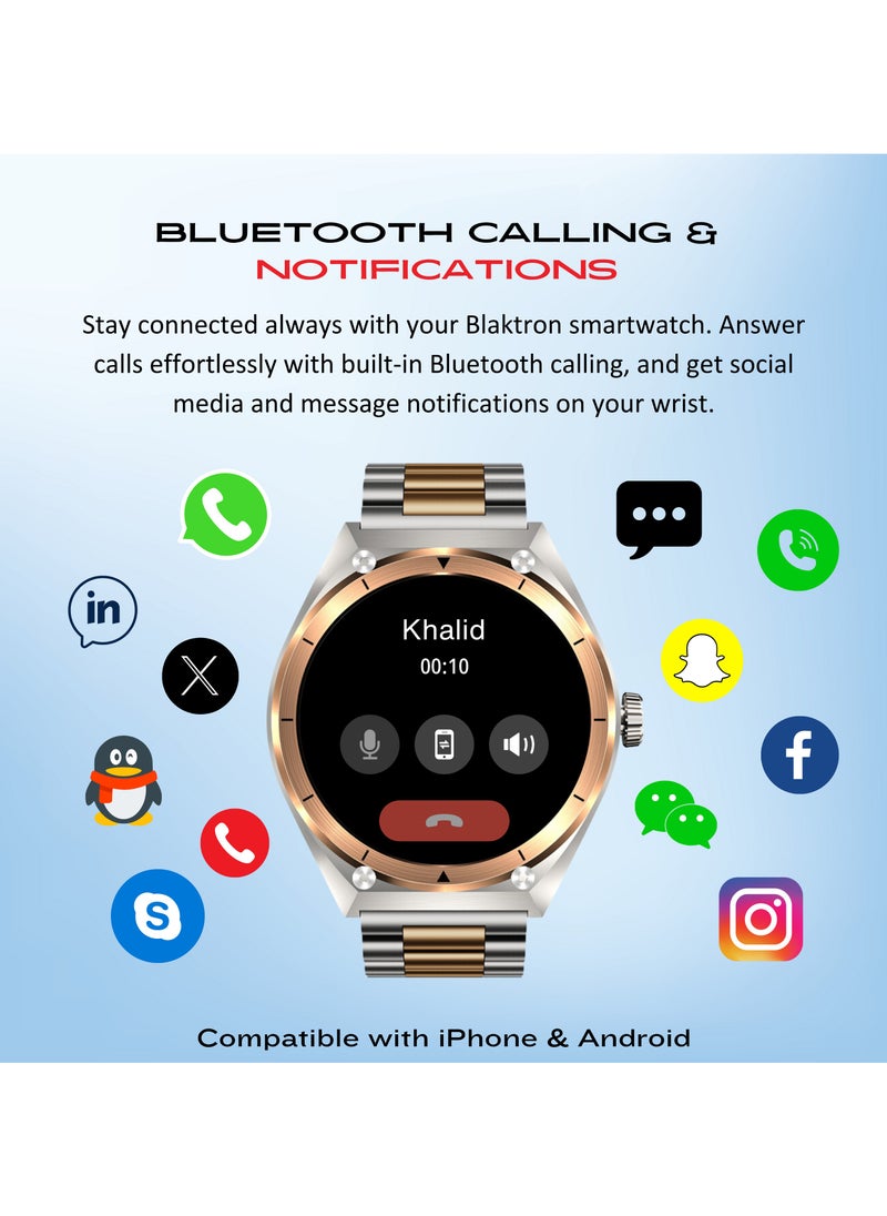 Blaktron Infiniti X3 Smart Watch for Men - AMOLED Display, Bluetooth Calls, Fitness Tracker, Heart Rate & Sleep Monitor, Water Resistant, Long Battery Life, Dual Strap Smartwatch for Android/iOS (Silver/Gold)  - Image 3