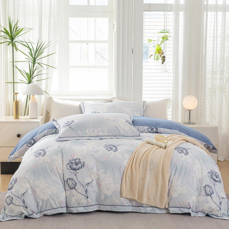 OAITE Duvet Cover Set Queen Size Floral Pattern 500 Thread Count Ultra Soft 100% Cotton Duvet Cover Sets 3-PC, Breathable Duvet Cover with Zipper Closure & Corner Ties - Image 1