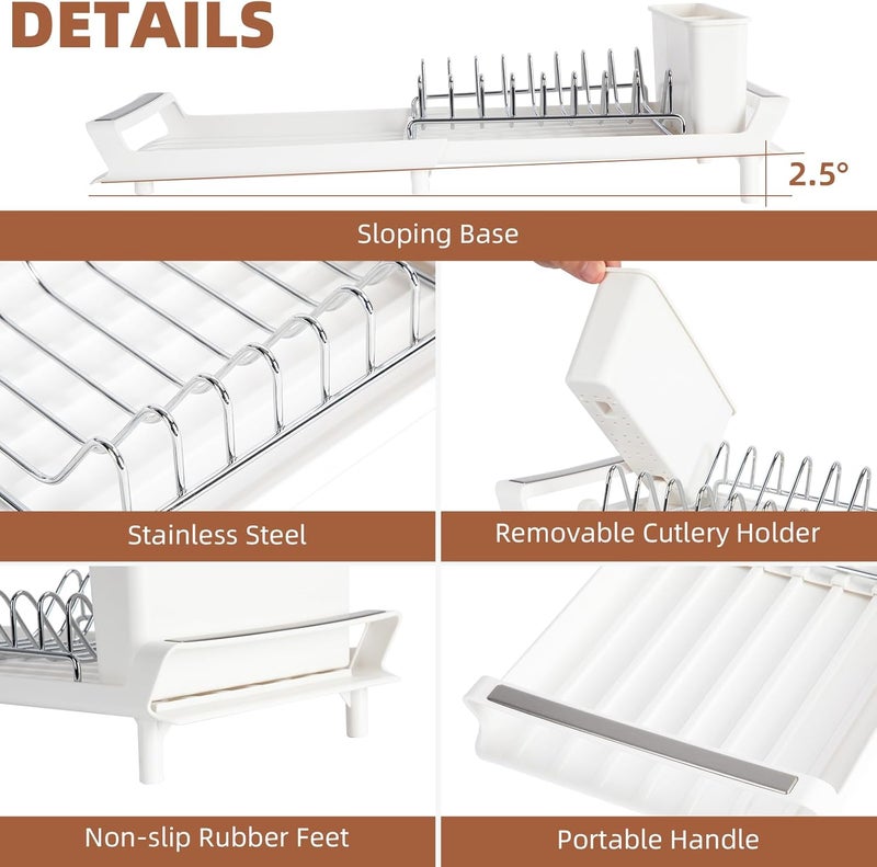 E-ROOM TREND Dish Drying Rack | White | Compact Extendable Dish Drainer Rack | Small Stainless Steel Expandable Dish Drainer with Removable Cutlery Holder | for Kitchen Counter (DR401W) - Image 3