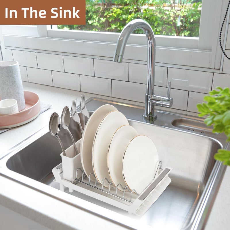 E-ROOM TREND Dish Drying Rack | White | Compact Extendable Dish Drainer Rack | Small Stainless Steel Expandable Dish Drainer with Removable Cutlery Holder | for Kitchen Counter (DR401W) - Image 4