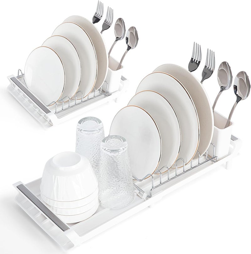 E-ROOM TREND Dish Drying Rack | White | Compact Extendable Dish Drainer Rack | Small Stainless Steel Expandable Dish Drainer with Removable Cutlery Holder | for Kitchen Counter (DR401W) - Image 1