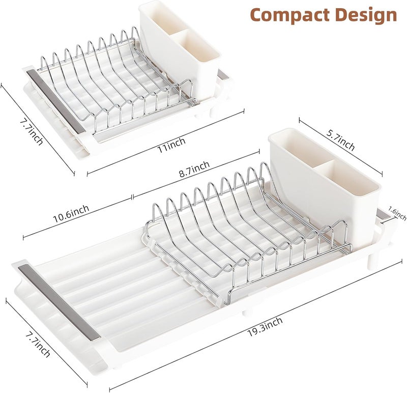 E-ROOM TREND Dish Drying Rack | White | Compact Extendable Dish Drainer Rack | Small Stainless Steel Expandable Dish Drainer with Removable Cutlery Holder | for Kitchen Counter (DR401W) - Image 2