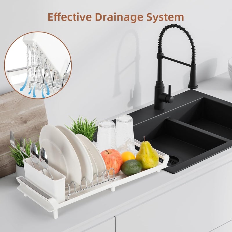 E-ROOM TREND Dish Drying Rack | White | Compact Extendable Dish Drainer Rack | Small Stainless Steel Expandable Dish Drainer with Removable Cutlery Holder | for Kitchen Counter (DR401W) - Image 5