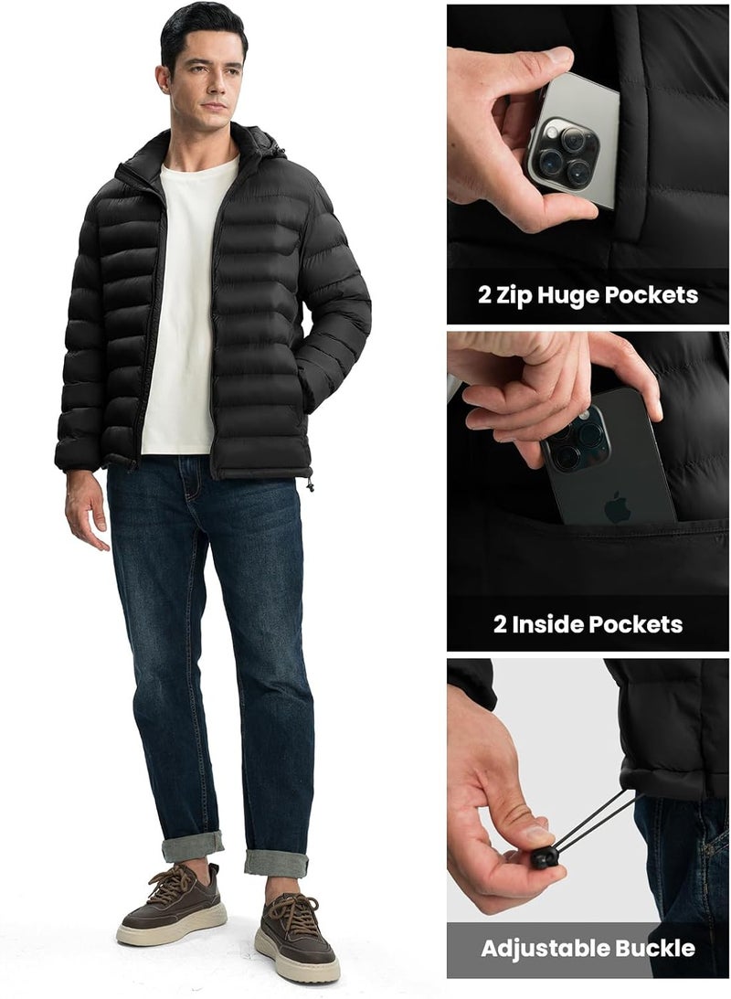 TBMPOY Men's Lightweight Puffer Down Jacket with Detachable Hood - Water-Resistant Winter Coat for Travel and Skiing - Black XL - Image 5