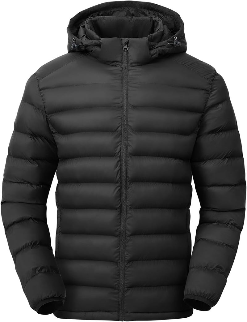 TBMPOY Men's Lightweight Puffer Down Jacket with Detachable Hood - Water-Resistant Winter Coat for Travel and Skiing - Black XL - Image 1