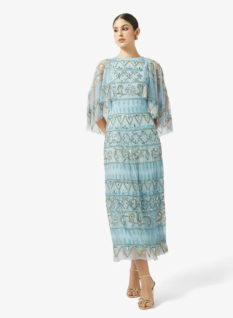 Embellished Flared Sleeve Midi Dress