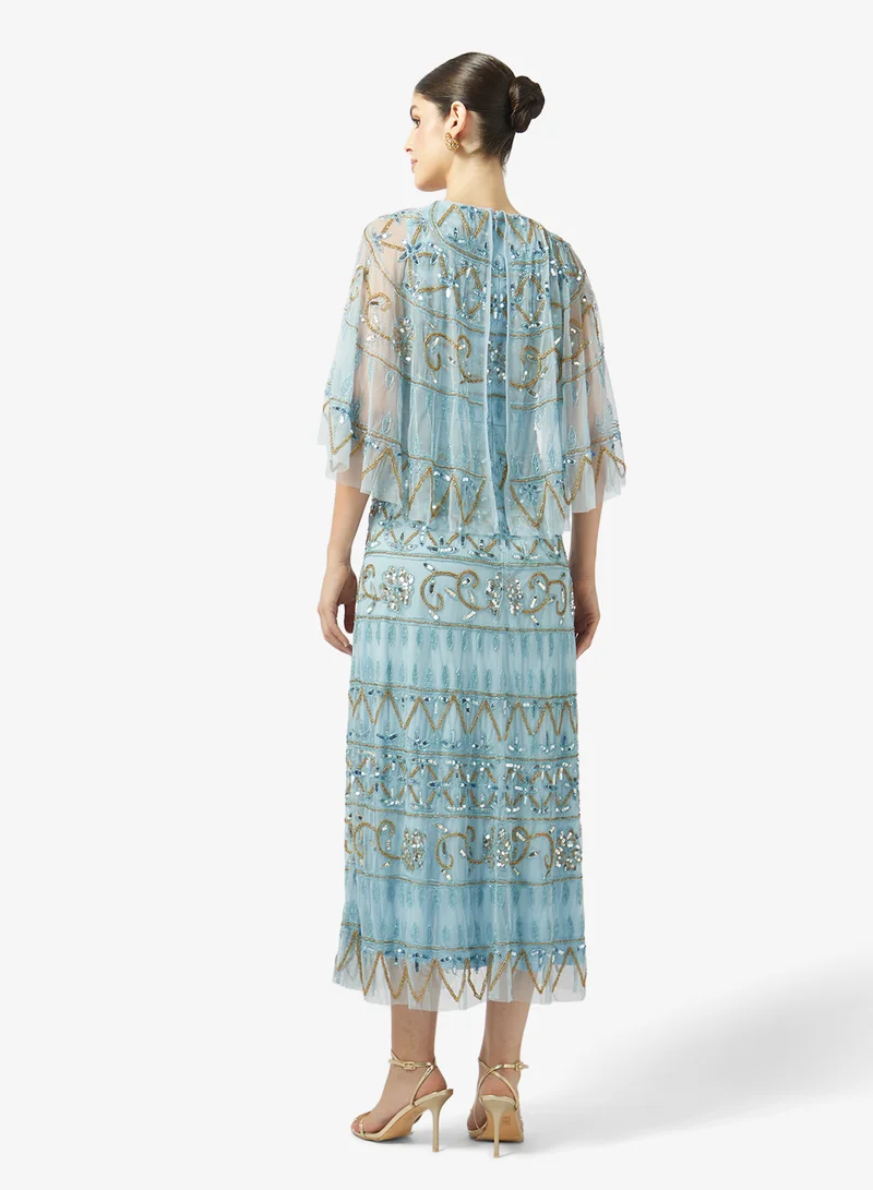 فروك اند فرل فستان ميدي بأكمام واسعة مزينة