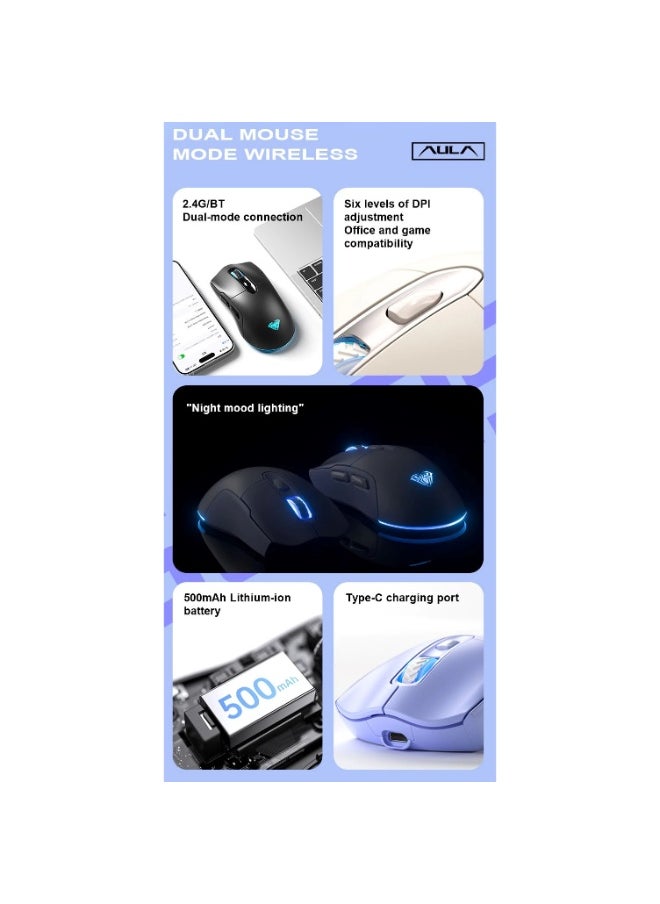 AULA - SC525 Wireless,Bluetooth Dual Mode RGB Gaming Mouse - Optical Sensor 4,600 DPI With Gripe Tape - Rechargeable USB C - Image 1