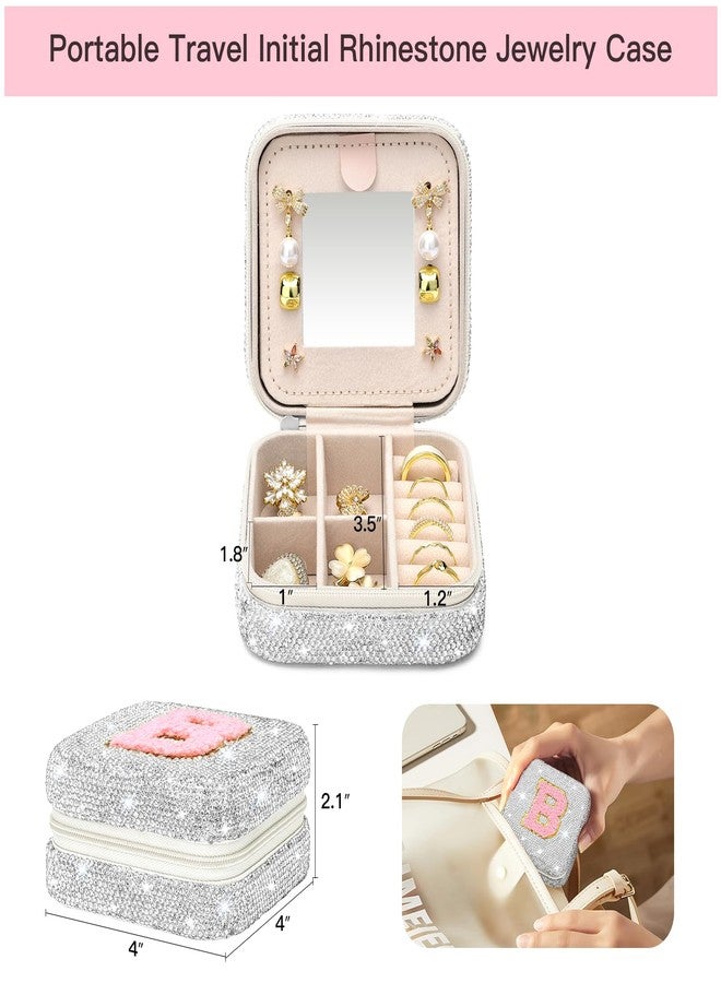 Soleebee Bling Crystal Travel Jewelry Case, B Initial Jewelry Box for Women Girls, Portable Small Jewelry Organizer Travel Essentials for Necklace Earrings Rings - Letter B, Silver - Image 2