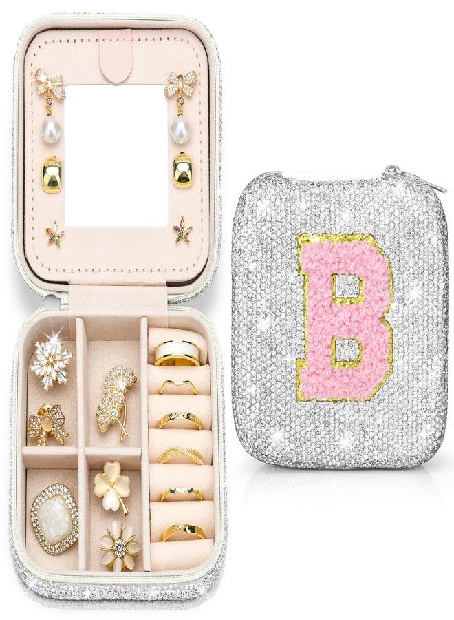 Soleebee Bling Crystal Travel Jewelry Case, B Initial Jewelry Box for Women Girls, Portable Small Jewelry Organizer Travel Essentials for Necklace Earrings Rings - Letter B, Silver - Image 1